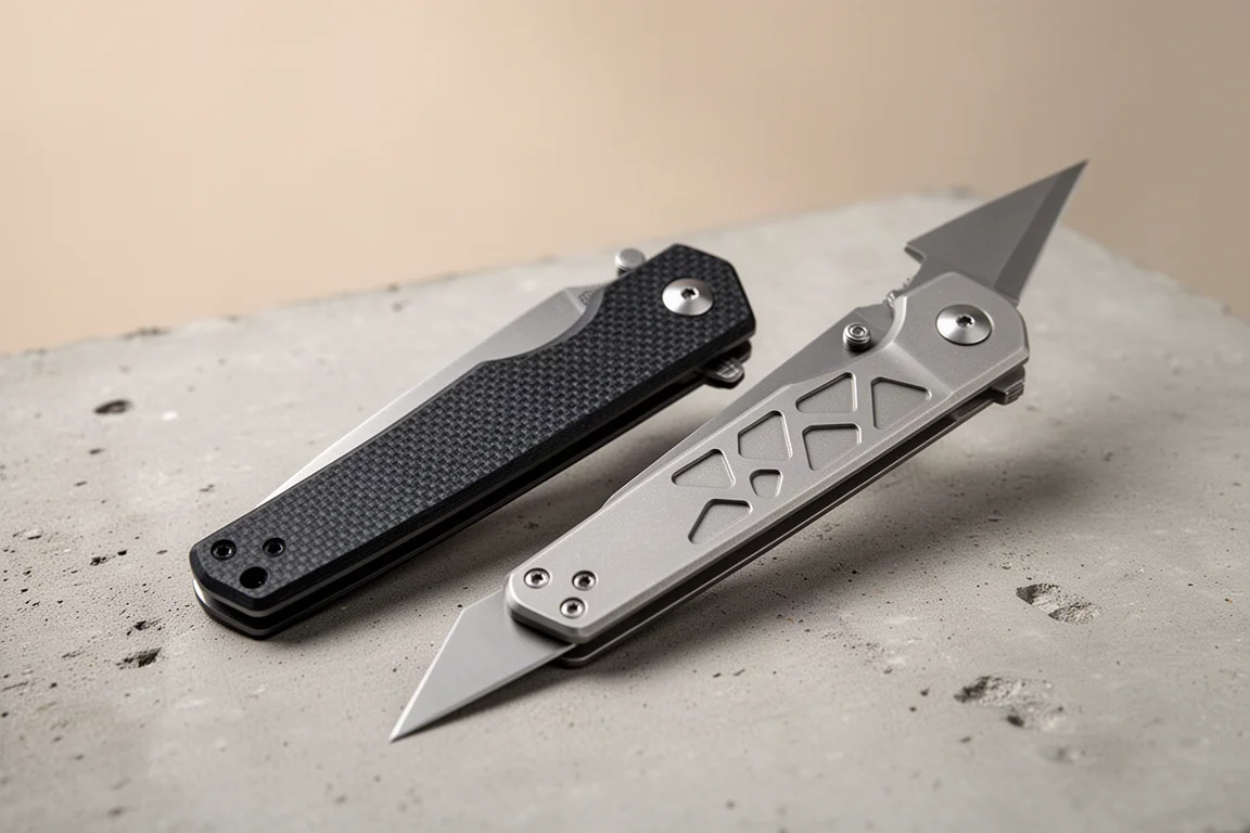 Two compact Ruike folding knives, one with G10 scales and one with milled titanium handle, on concrete