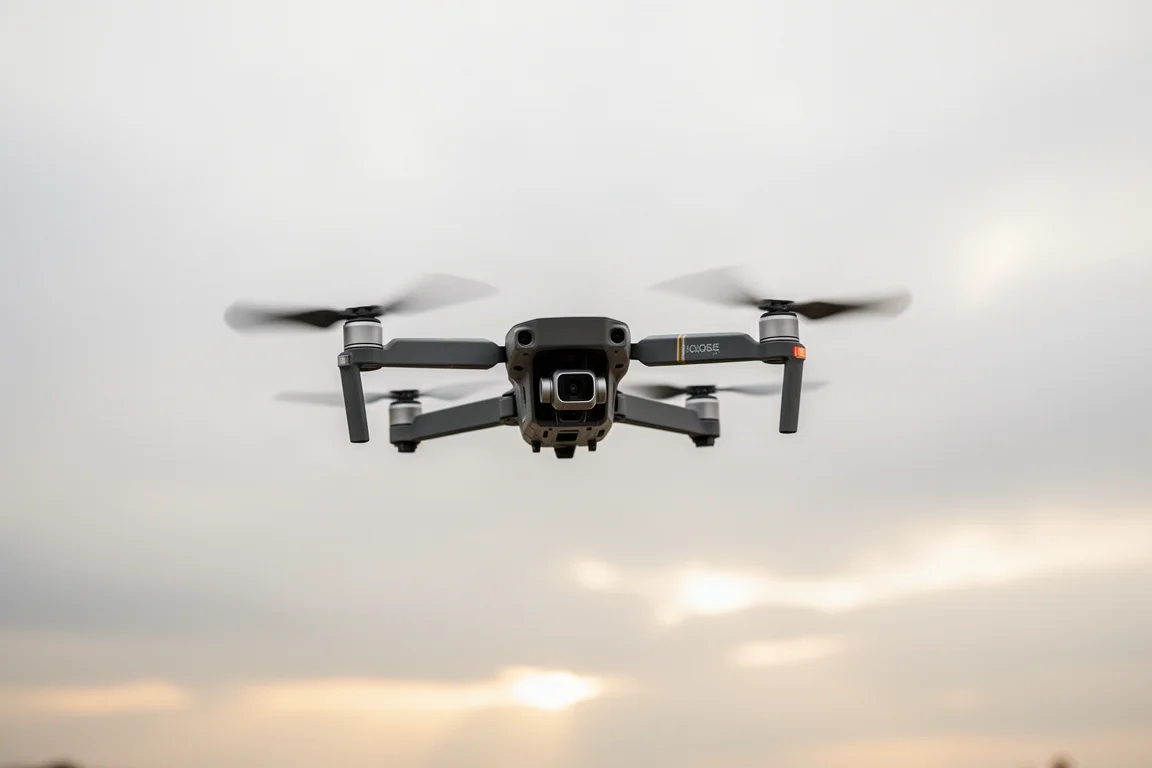 Dron z kamerą zawisający nad otwartym krajobrazem pod miękkim niebem