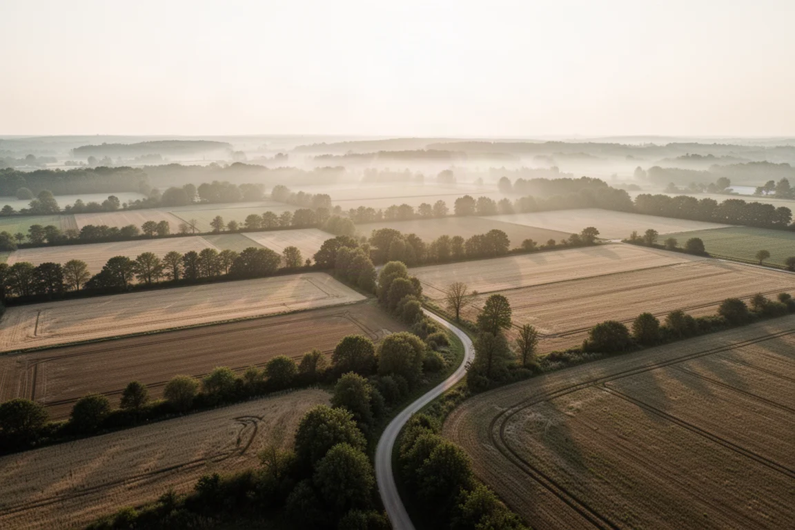 Lotniczy widok 4K na pola i krętą ścieżkę w złotej godzinie