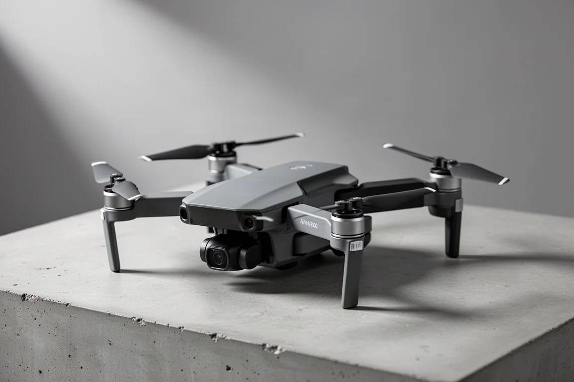 Dron z kamerą Ruko F11 Pro 2 na matowej betonowej powierzchni, widok pod kątem trzy czwarte