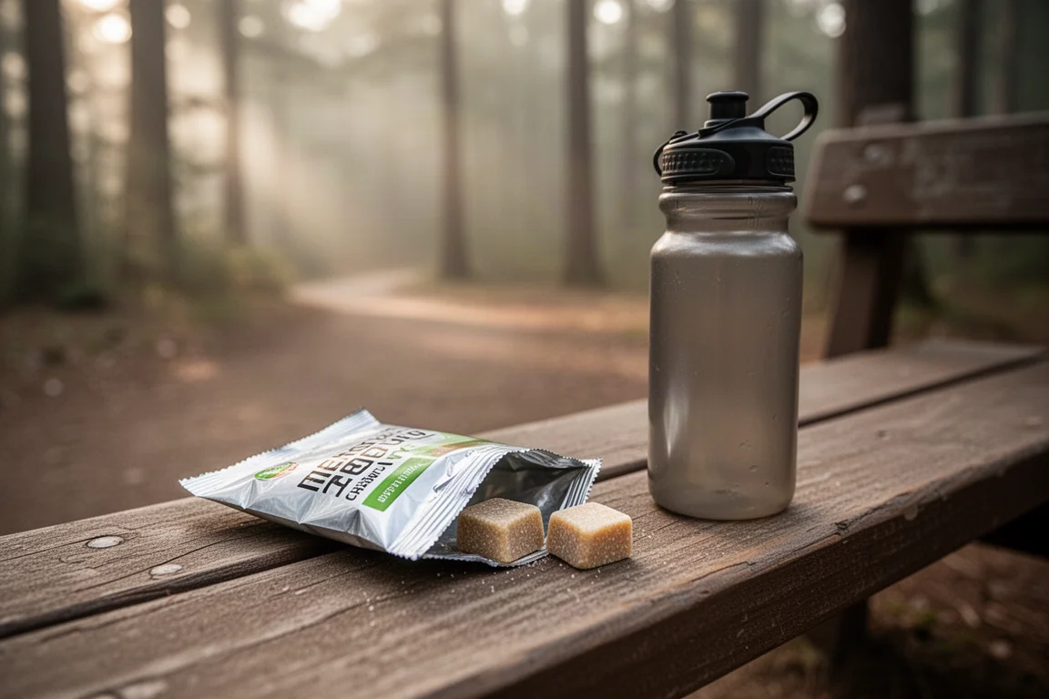 Caramelle energetiche disposte accanto a una borraccia da running su una panca di legno