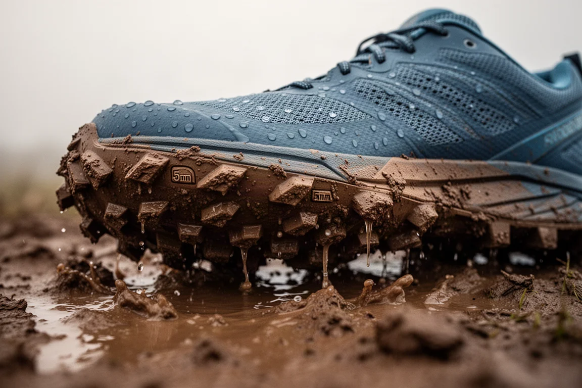 Suola di una scarpa da trail con tasselli profondi imprimibili nel terreno fangoso