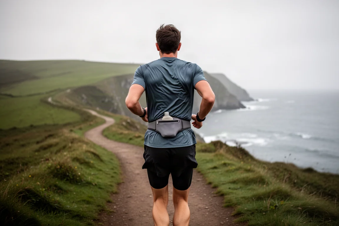 Podista con una cintura da trail running e borraccia soft flask su un sentiero costiero battuto dal vento