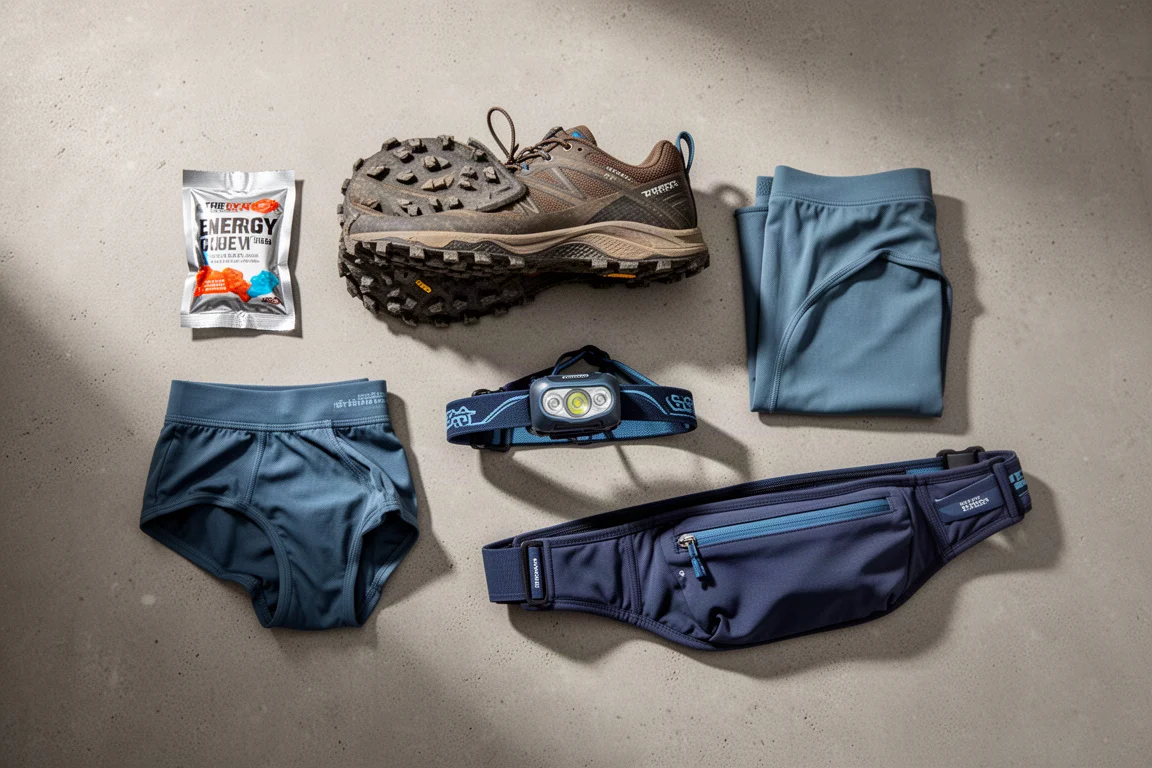 Flat-lay of trail running gear including shoe, head torch, energy chews and running belt on concrete