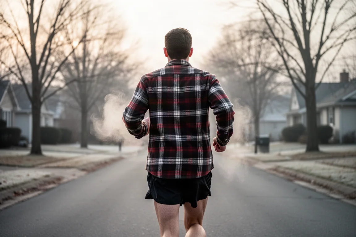 Runner su una strada fredda al mattino con una camicia flanella a manica lunga