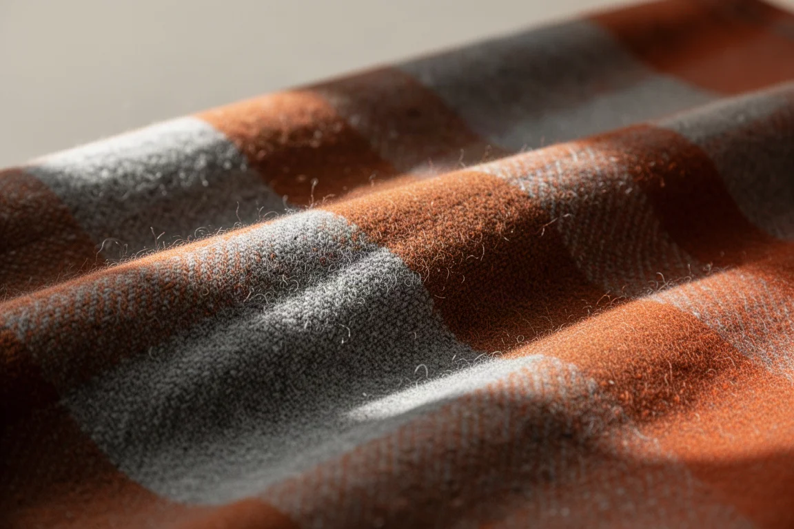 Primo piano del tessuto flanella in misto lana che mostra la texture della trama scozzese