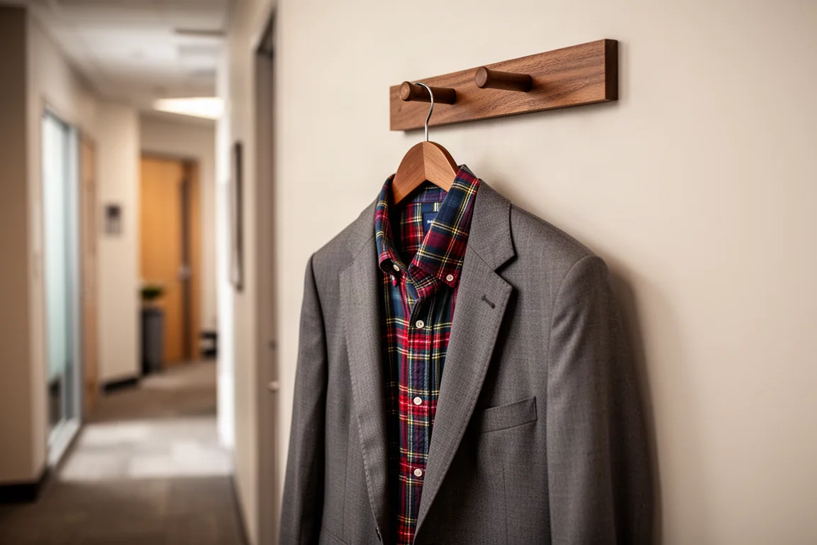 Camicia flanella indossata sotto una giacca eleganti su un appendiabiti