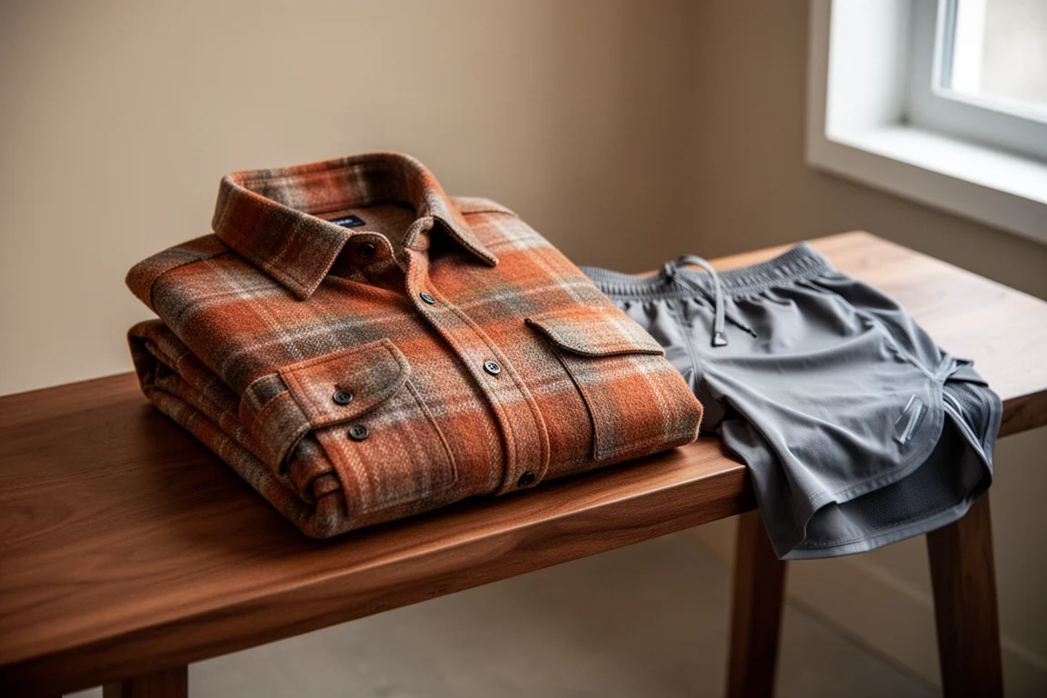 Run Rabbit High Country flannel shirt folded on a wooden bench with running shorts