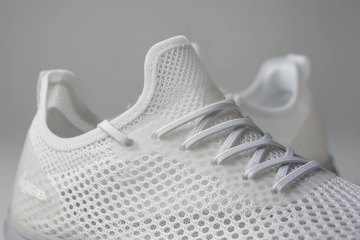 Close-up of a thin breathable running shoe upper showing minimal overlays