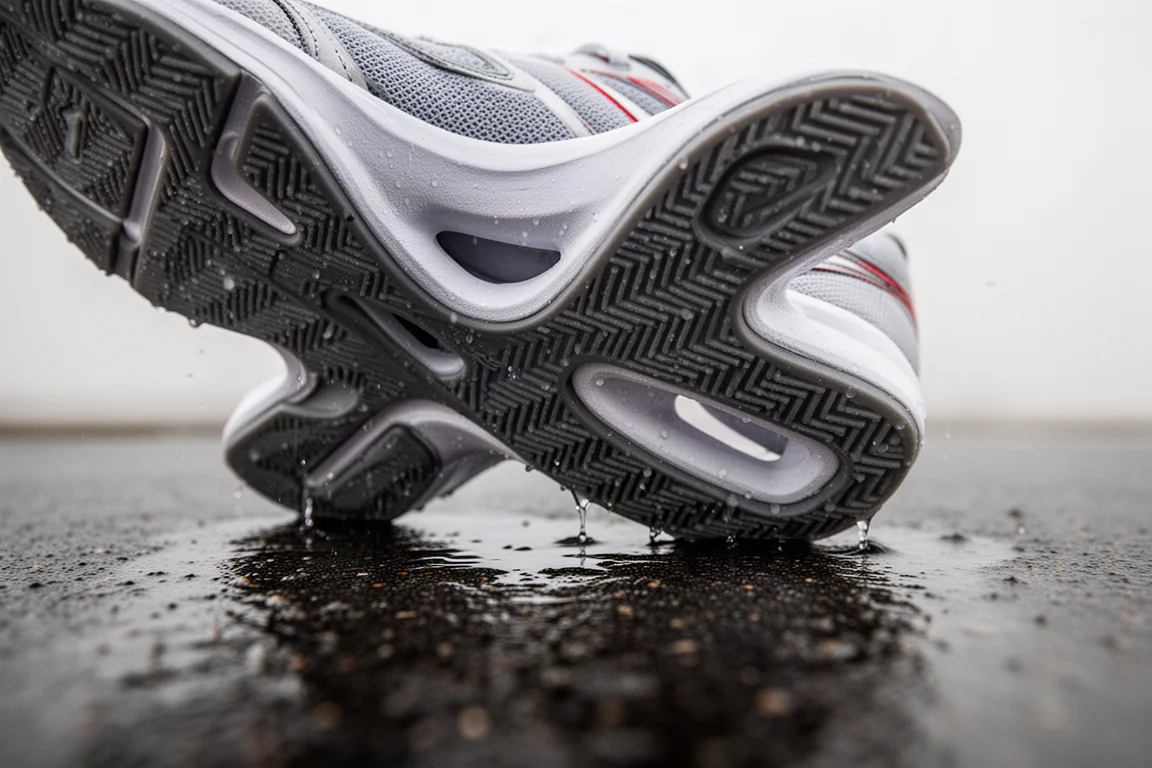 Thin ground contact outsole on wet pavement with reflective sheen