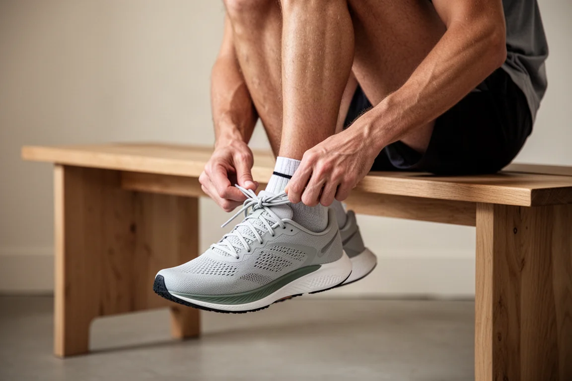 Runner checking fit and lacing a racing shoe on a bench