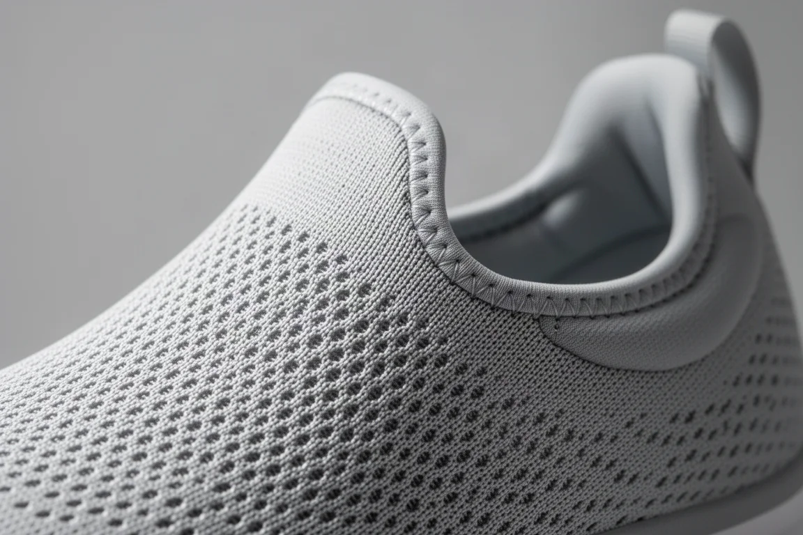 Nahaufnahme des atmungsaktiven Mesh-Obermaterials eines Laufschuhs mit Textur