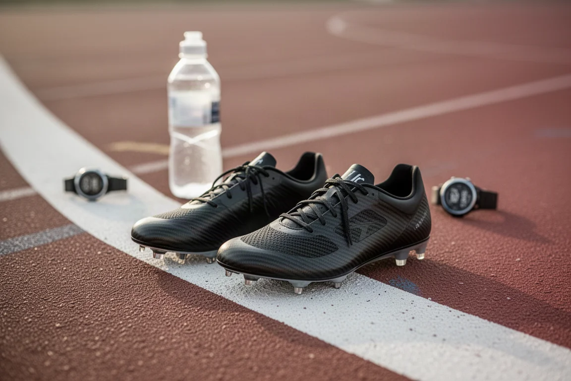 Wettkampfschuhe mit Carbon-Platte ruhen während einer Trainingseinheit am Bahnrand