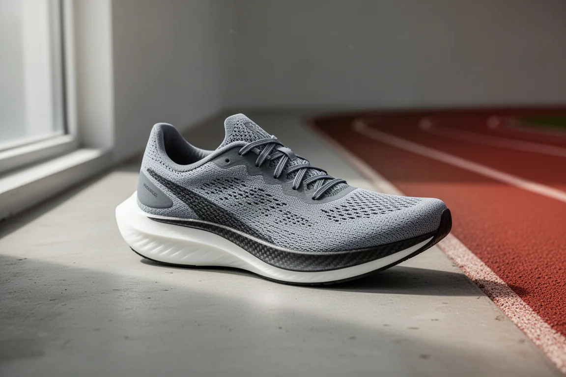 Lightweight carbon plate running shoe photographed in three-quarter angle on concrete