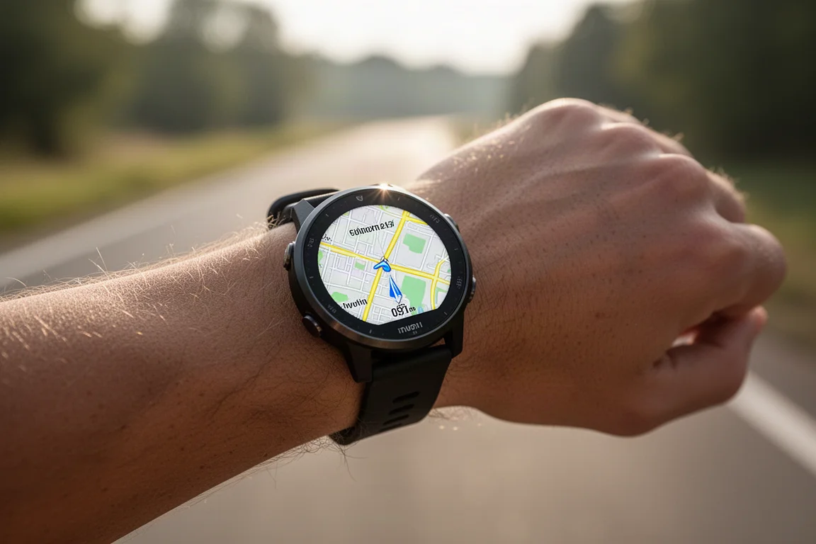 Un corridore controlla un orologio GPS da corsa su una strada panoramica assolata