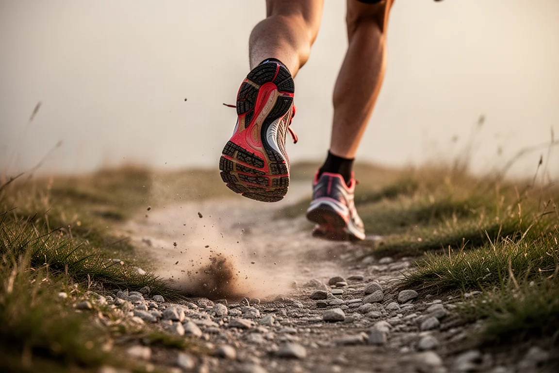 Un trail runner attraversa un terreno roccioso nella morbida luce del pomeriggio
