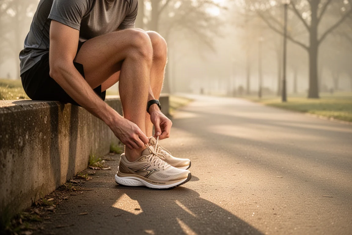 Un corridore si allunga accanto a un viale del parco nella luce del mattino