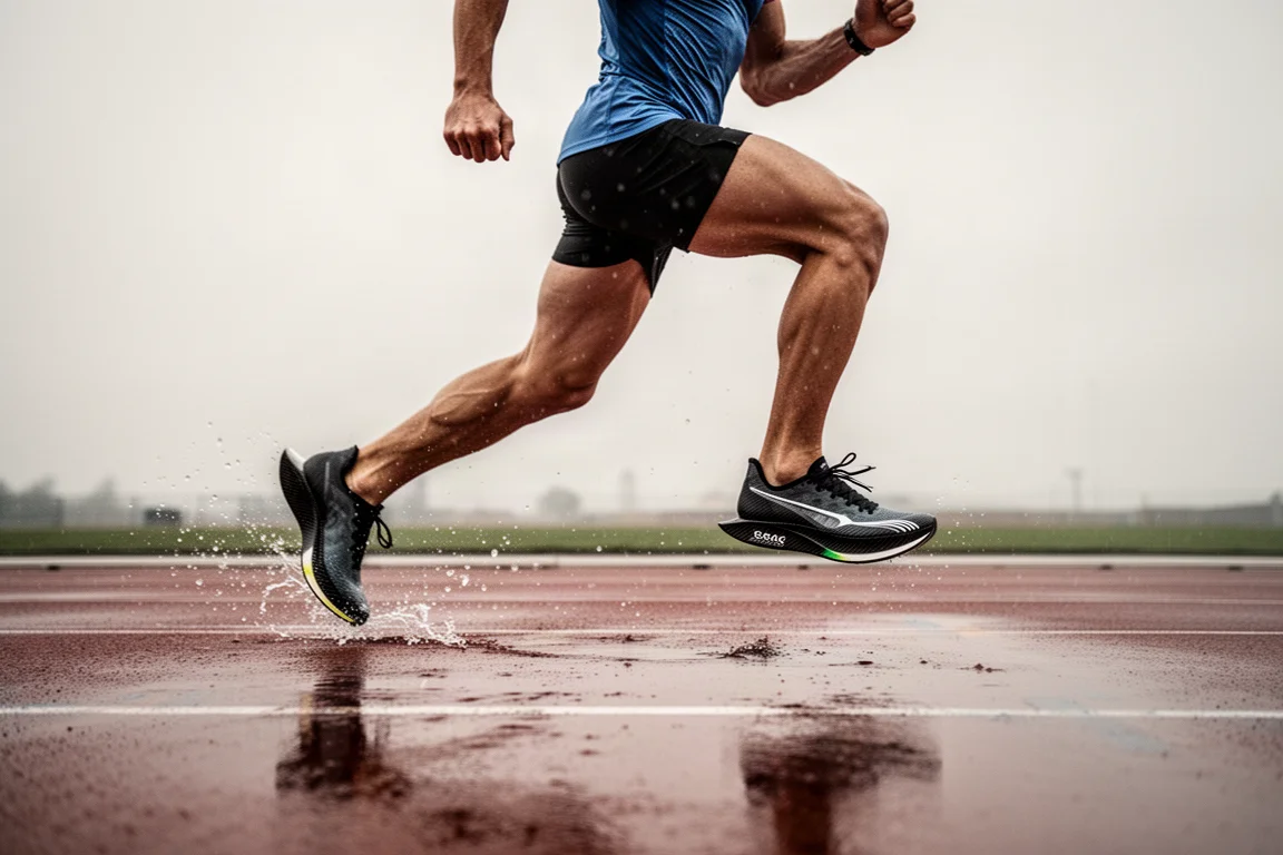 Un atleta sprinta su una pista bagnata sotto un cielo coperto