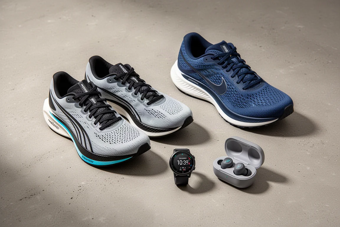 Collection of running shoes, a GPS watch, and earbuds arranged on concrete