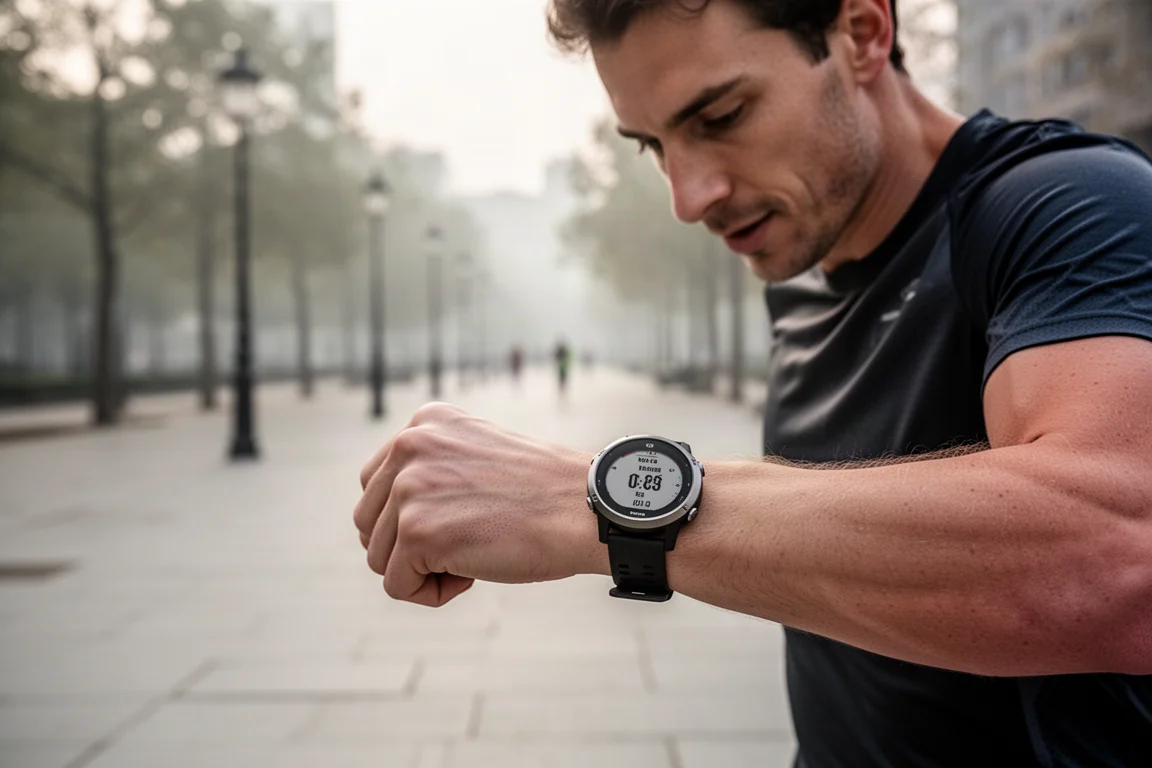 Runner con un orologio GPS sportivo al polso durante un'uscita mattutina di allenamento