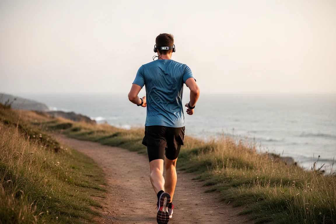 Runner indossa cuffie a conduzione ossea open-ear su un sentiero costiero