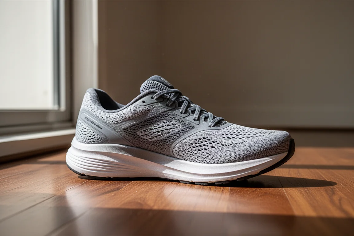 Scarpa daily trainer ammortizzata in flessione sul pavimento in legno vicino a una finestra
