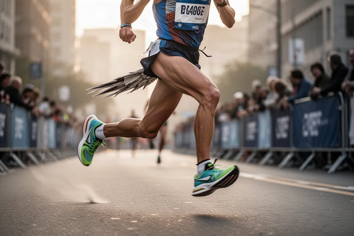 Runner corre una maratona su strada con scarpe in carbonio a suola alta all'alba