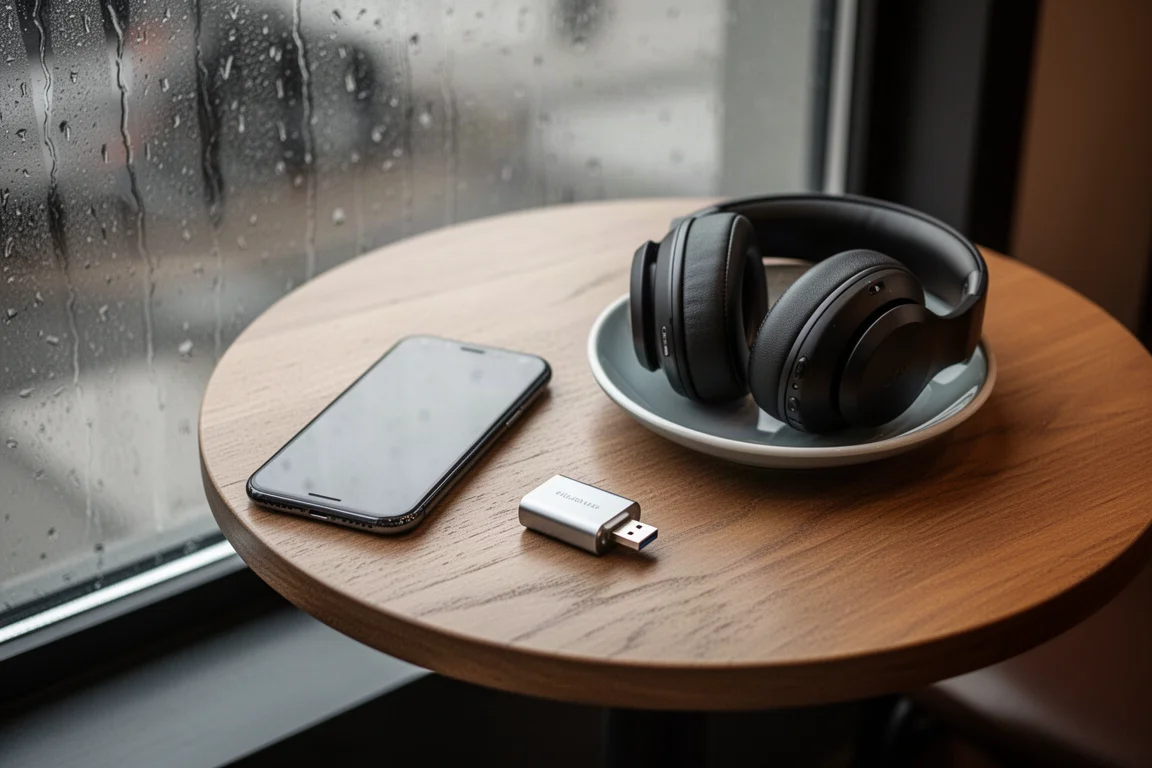 Cafétisch mit Smartphone, kleinem DAC-Dongle und zusammengeklappten Kopfhörern im Nachmittagslicht