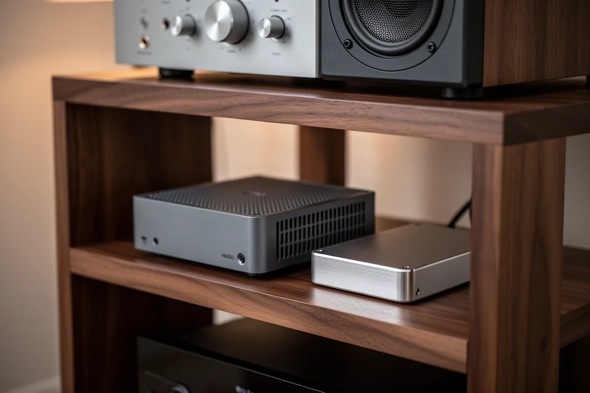 Kleiner lüfterloser Computer und externe Festplatte auf einem Holzregal der Hi-Fi-Anlage
