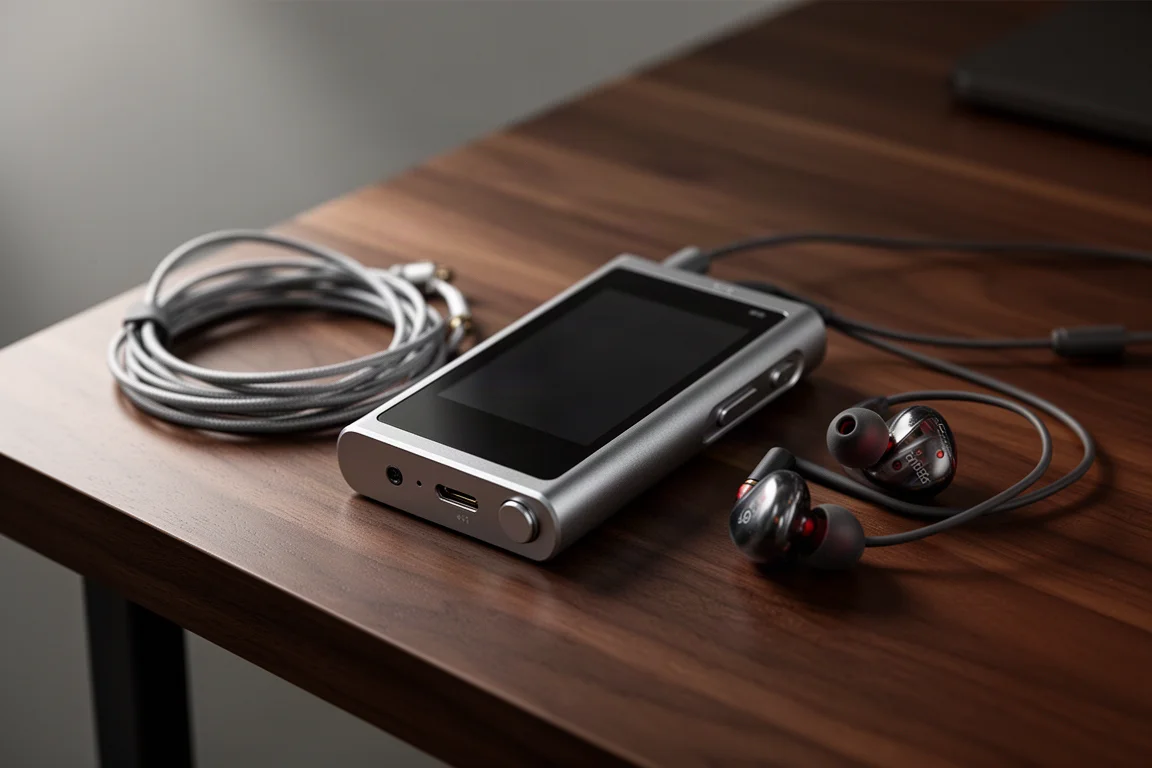 Kompakter tragbarer Musikplayer aus Aluminium und Ohrhörer auf einem dunklen Holzschreibtisch