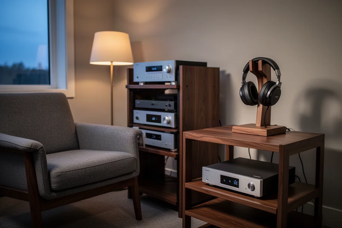 Hörraum in der Abenddämmerung mit Sessel, Kopfhörerständer und schlankem Hi-Fi-Rack