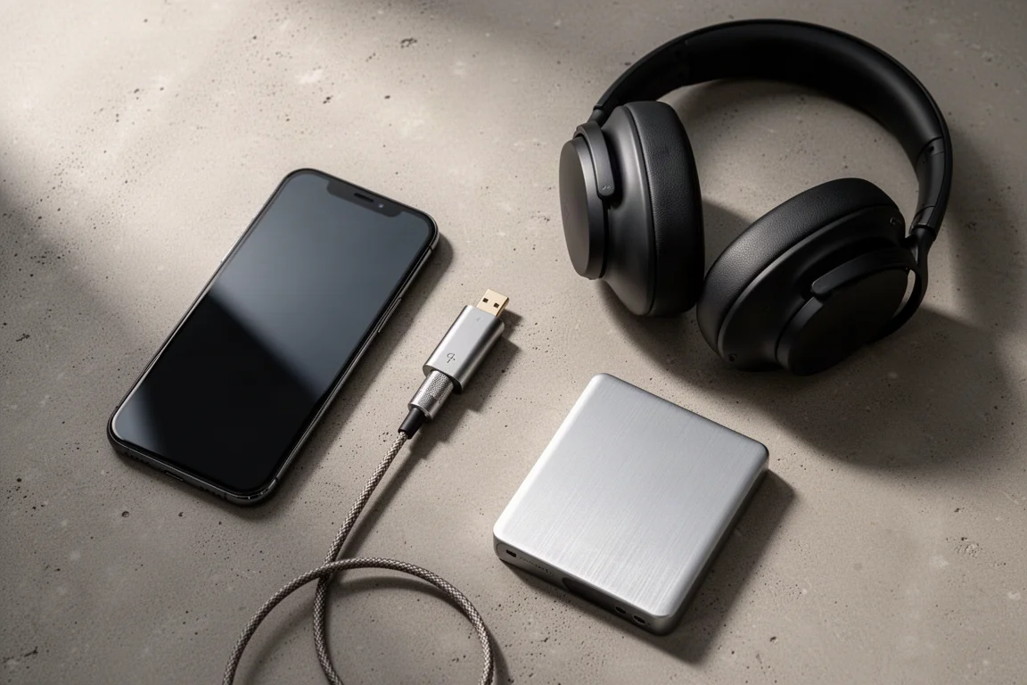 Flat-lay of a smartphone, USB DAC dongle, over-ear headphones and an external hard drive on concrete