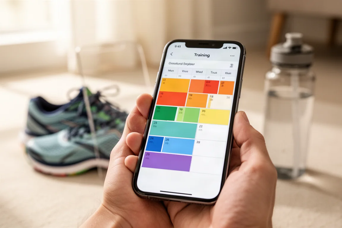 Läuferin erstellt zu Hause am Smartphone einen Wettkampftrainingsplan