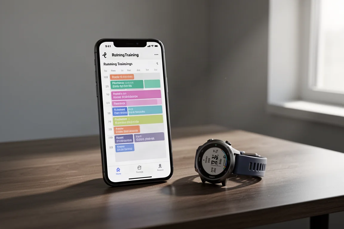 Smartphone with a running training app and GPS sports watch on a wooden desk
