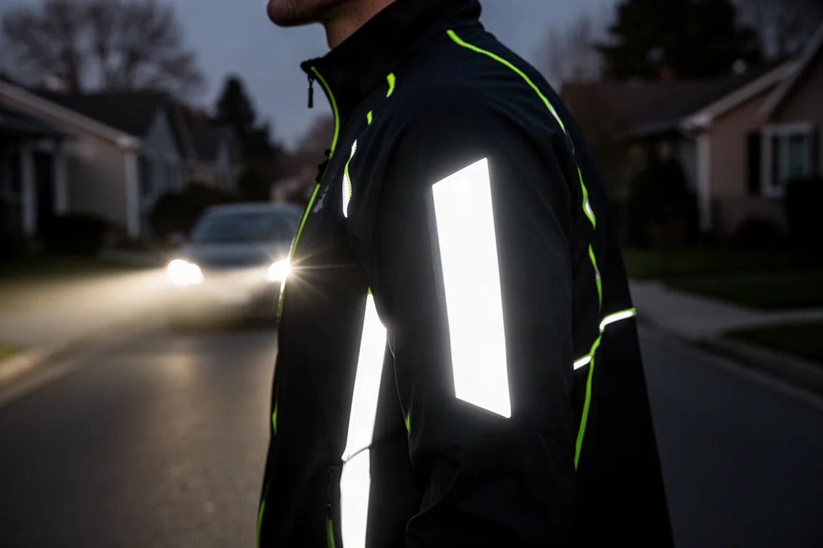 夜の路上で車のヘッドライトを捉えて光るランニングジャケットの reflective ディテール