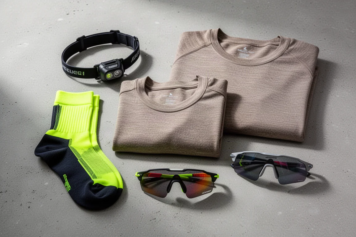 Flat-lay di regali per runner con frontale, calze, capi in merino e occhiali da sole