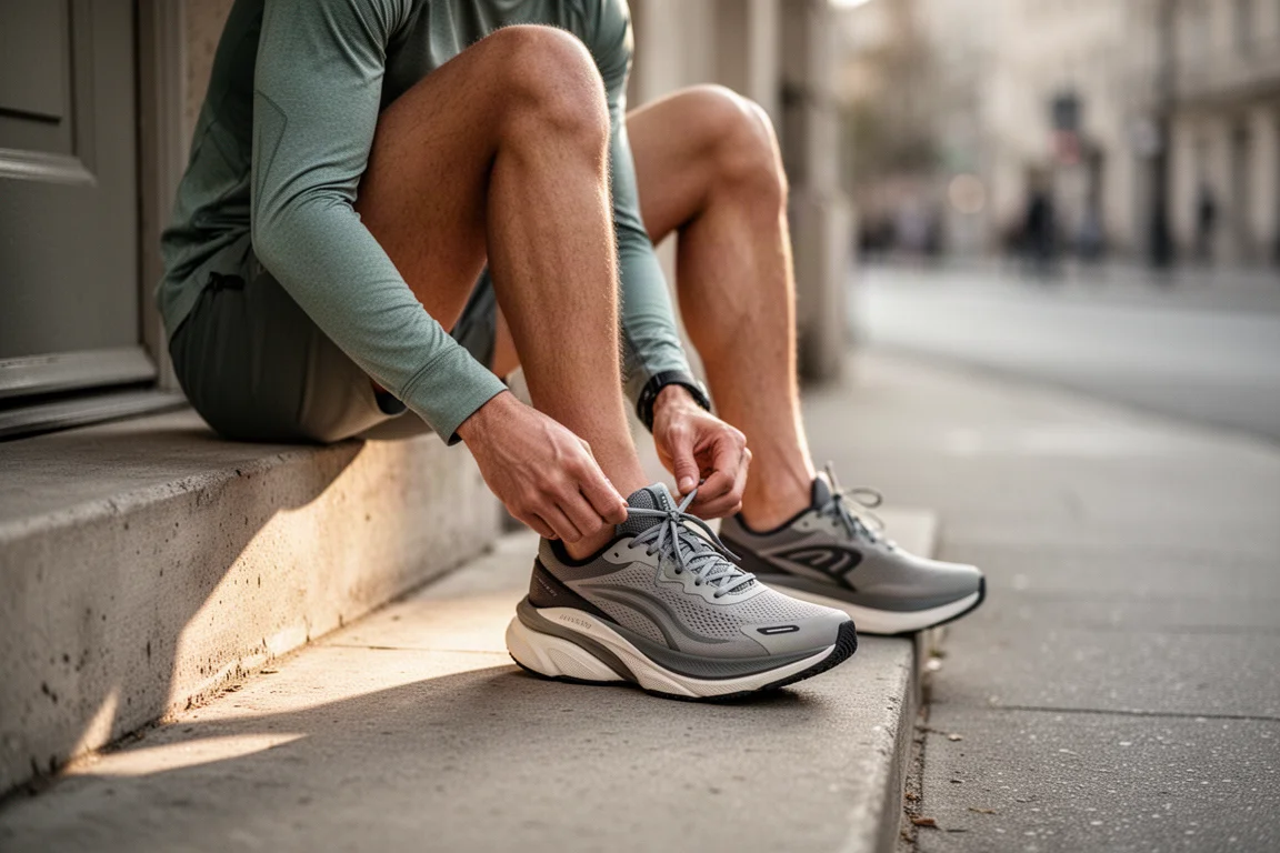 Corredor atándose unas zapatillas de running modernas en el umbral de una puerta con luz suave de mañana