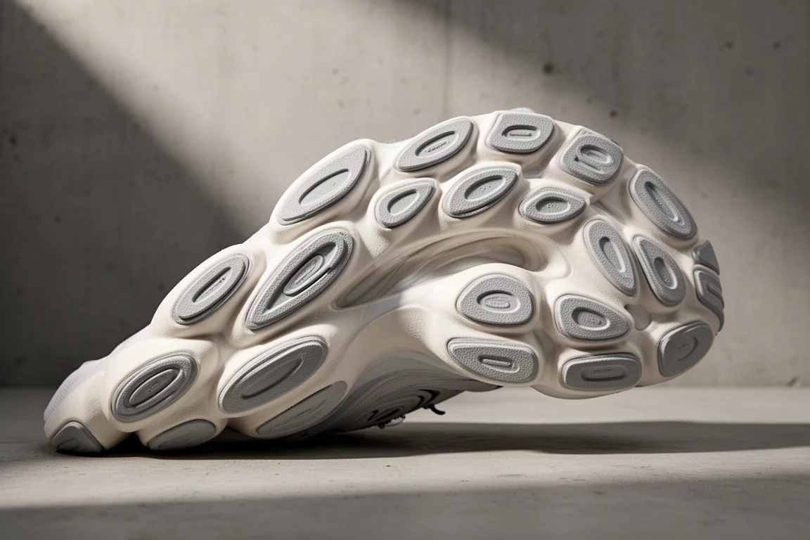 Detalle de la mediasuela de una zapatilla de running con máxima amortiguación, con geometría de espuma esculpida
