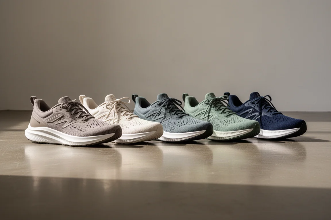 Variedad de zapatillas de running de uso diario alineadas en el suelo de un estudio