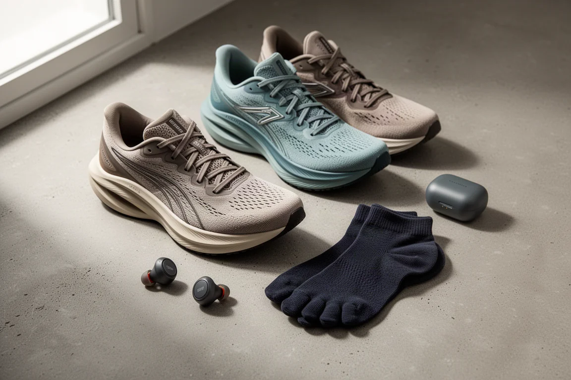Running shoes, toe socks and wireless earbuds arranged on a concrete surface