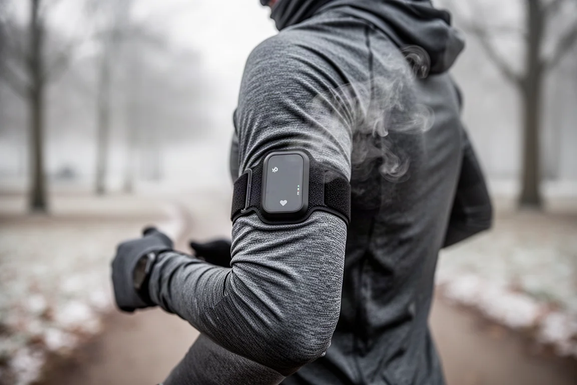 Runner adjusting a heart rate monitor strap on their upper arm in cold weather
