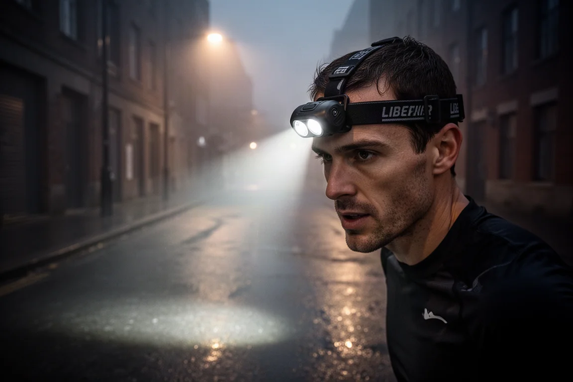 Head torch beam cutting through darkness on a winter evening street