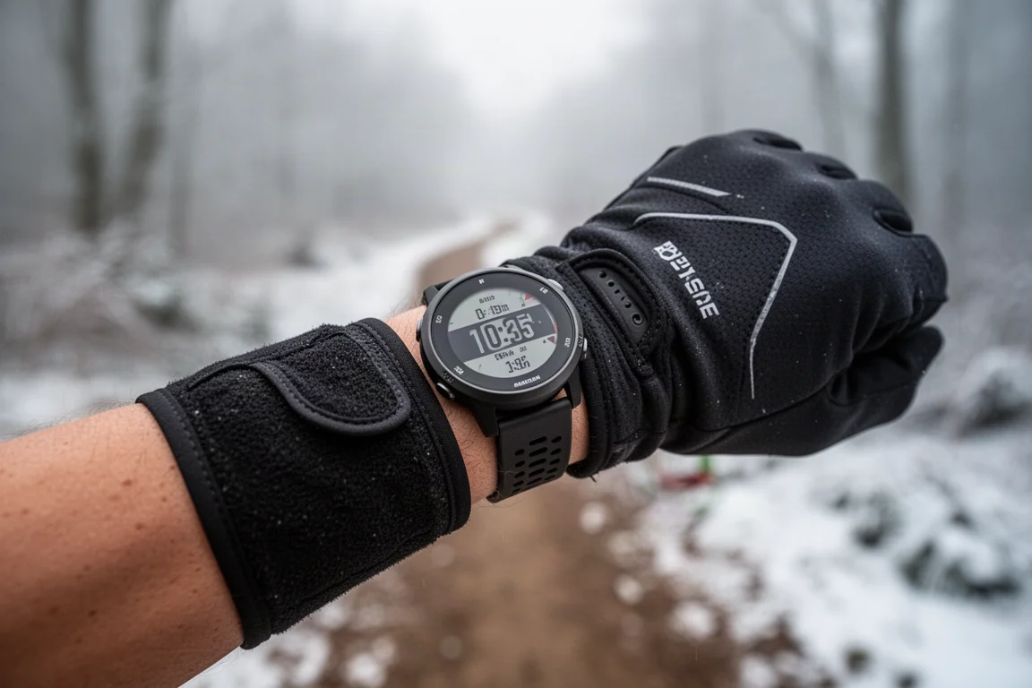 GPS running watch on a wrist during a winter training run