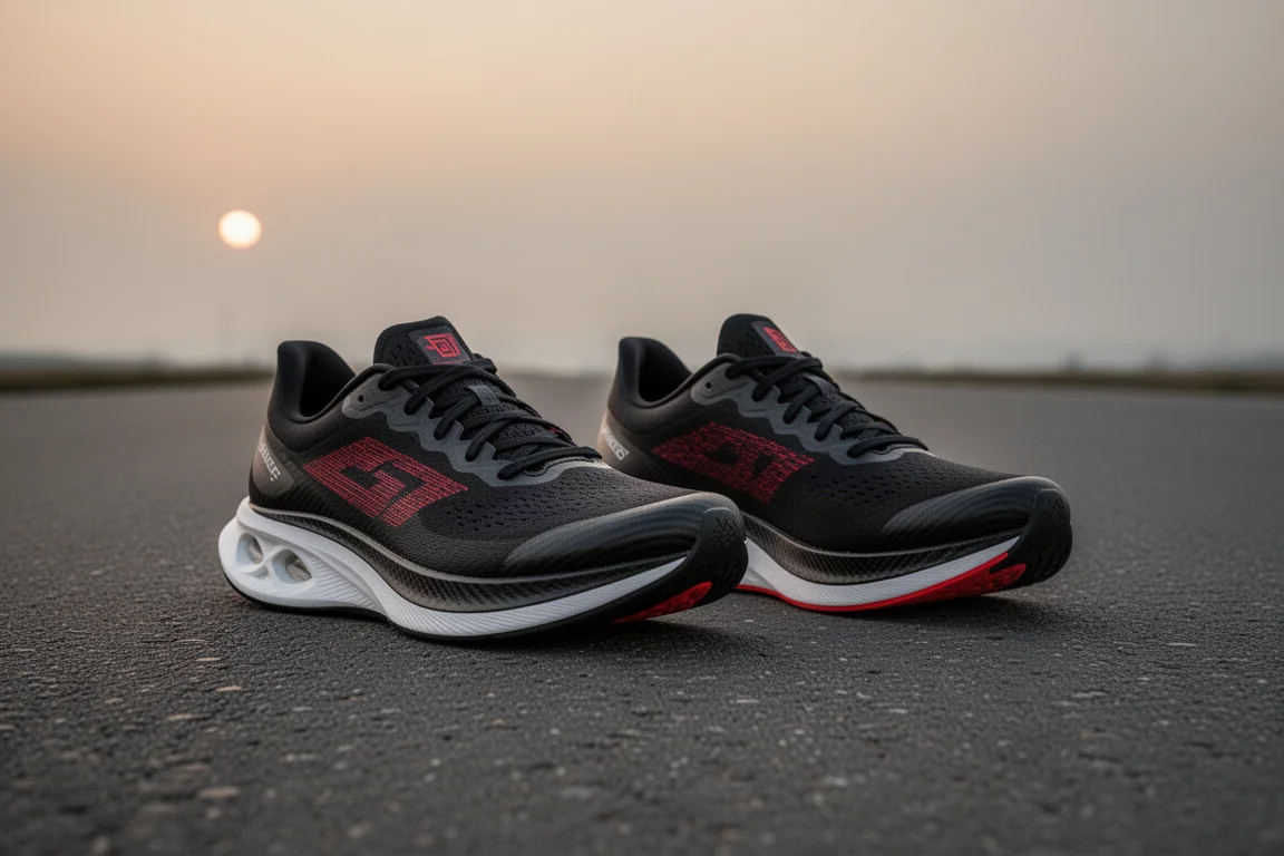 Pair of carbon-plated racing shoes on tarmac at dusk