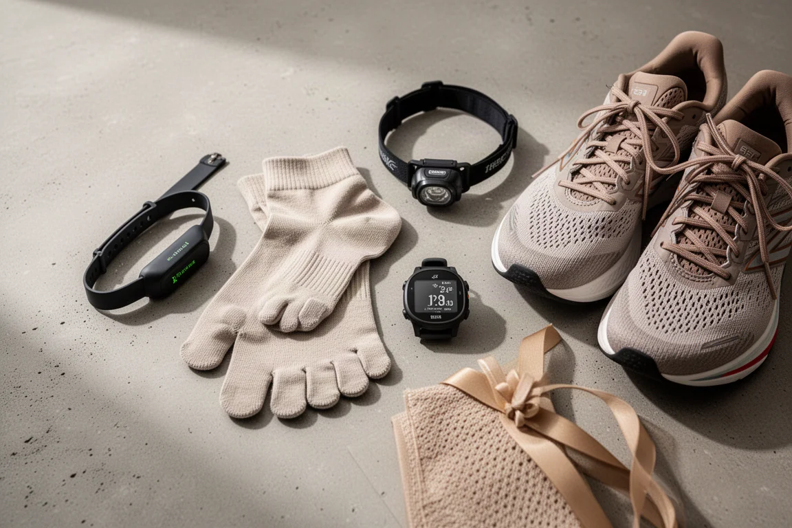 Flat-lay of running gifts including heart rate monitor, socks, head torch, watch, and racing shoes