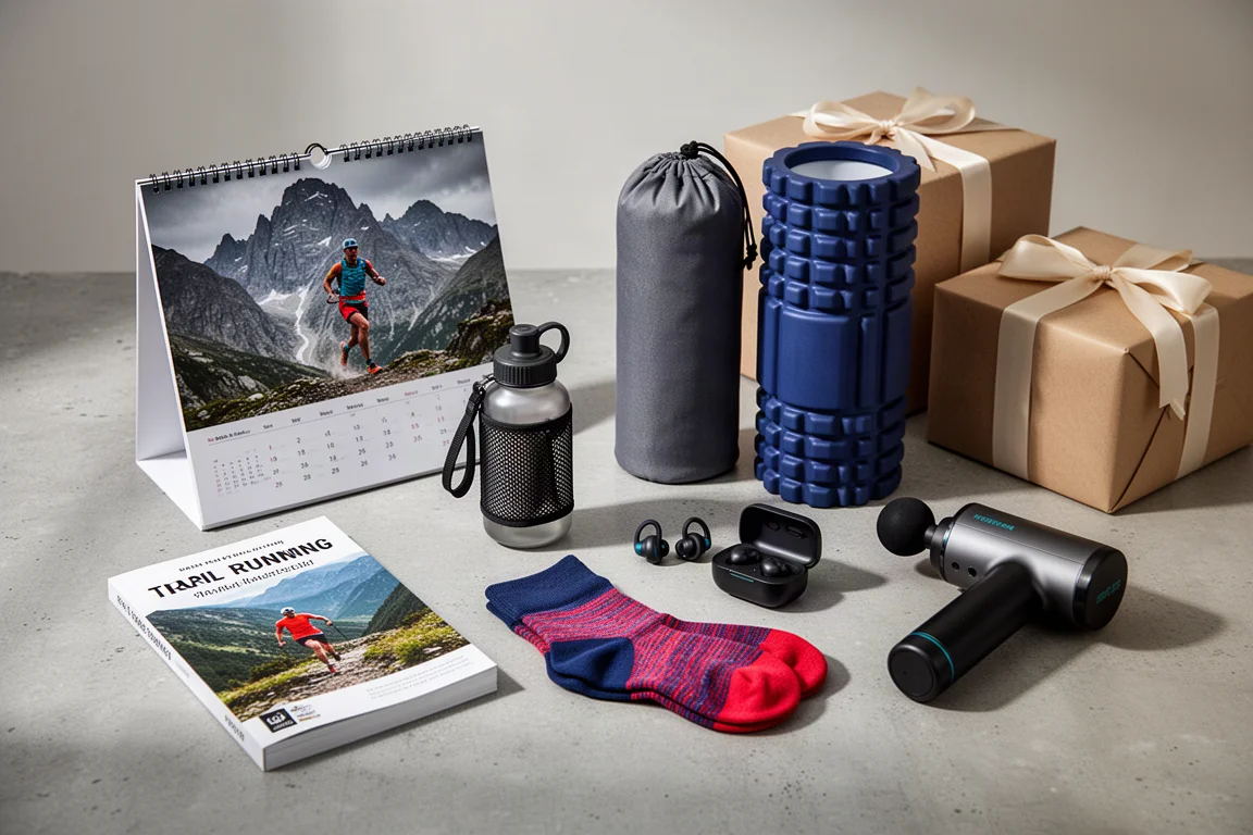 Flat-lay of running gifts including a calendar, hydration flask, foam roller, earbuds, socks, guidebook and massage gun