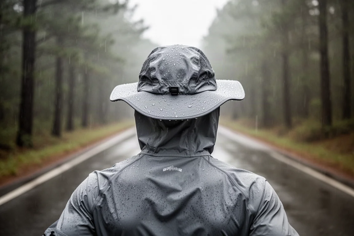 Runner adjusting a waterproof cap on a rainy road