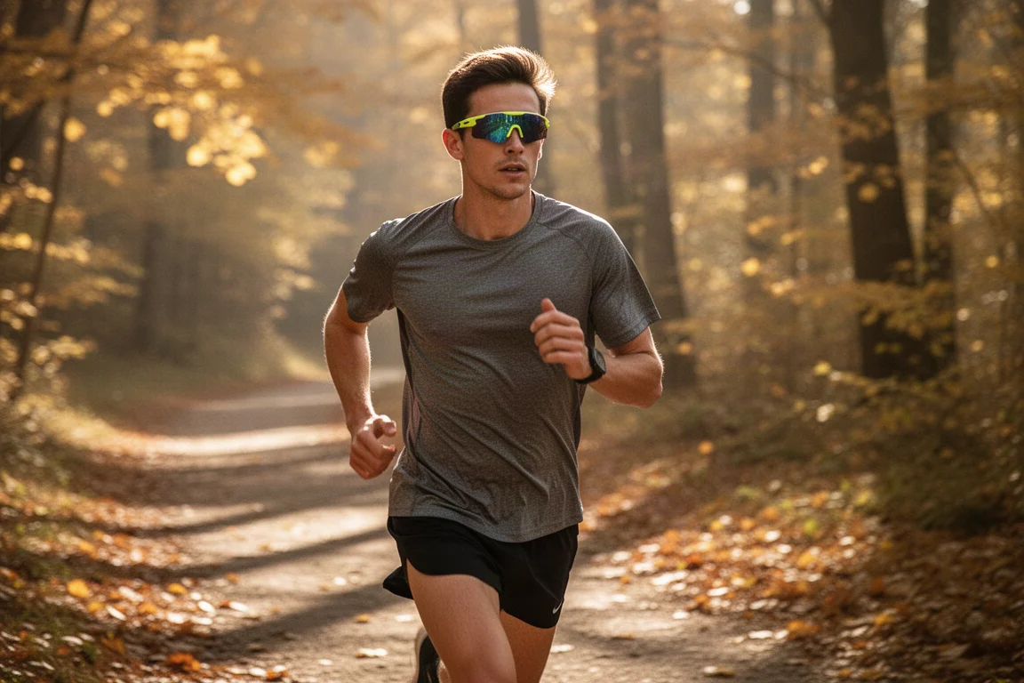 Runner on a trail wearing sunglasses in bright autumn light