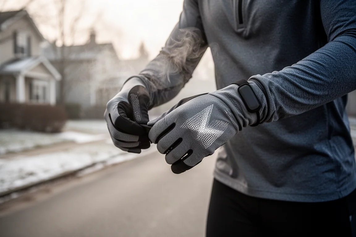 Runner pulling on soft reflective gloves on a cold morning before heading out