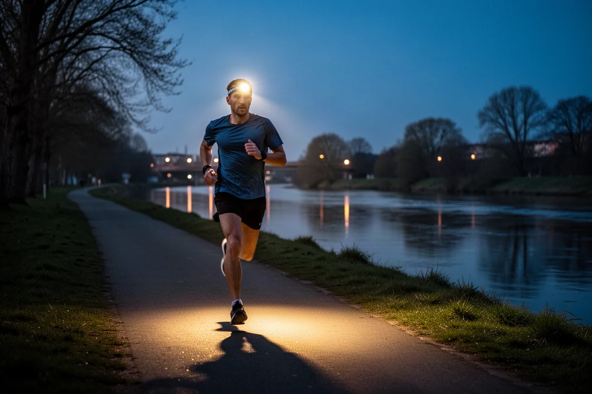 Cyclist-free riverside running path at dusk with no street lighting, runner wearing a headlamp